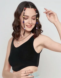 Stretchable V Neck crop Top - Black, S, Free