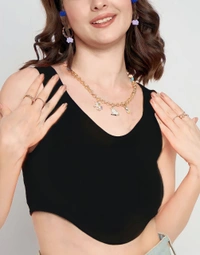 Stretchable V Neck crop Top - Black, S, Free
