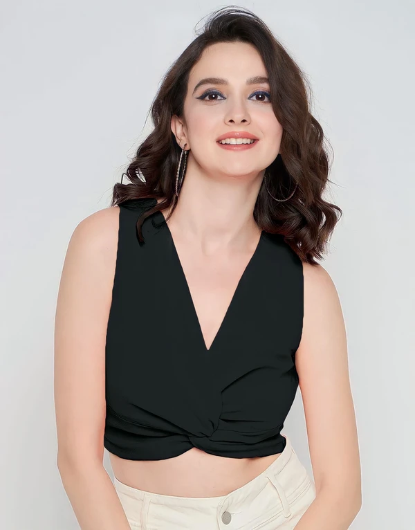 Knotted Sleeveless Crop Top - Black, XS, Free