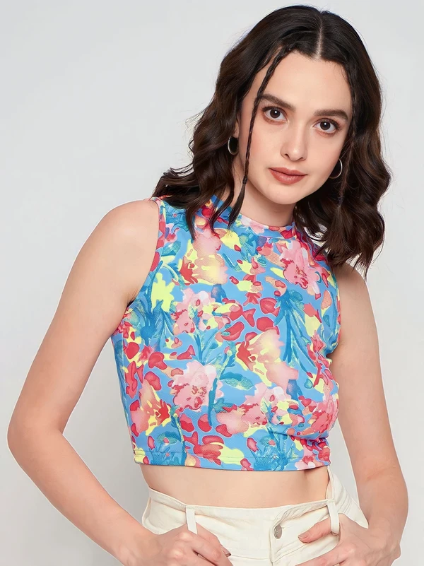 High Neck Sleeveless Crop Top - Multicolor, M, Free
