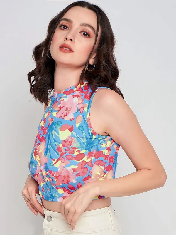 High Neck Sleeveless Crop Top - Multicolor, M, Free
