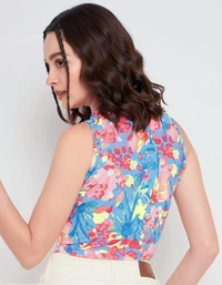 High Neck Sleeveless Crop Top - Multicolor, S, Free