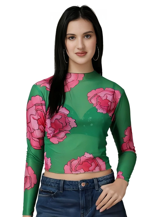 Floral Net Printed Top - Multicolor, S, Free