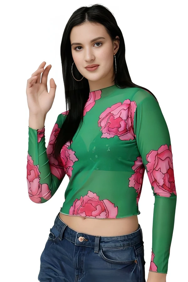 Floral Net Printed Top - Multicolor, S, Free