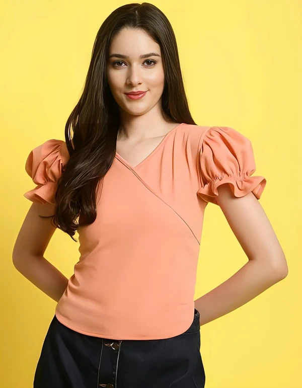 Puff Sleeves Wrap Top - Peach, XL, Free