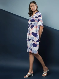 Blended Printed Drop Waist Dress - Multicolor, M, Free