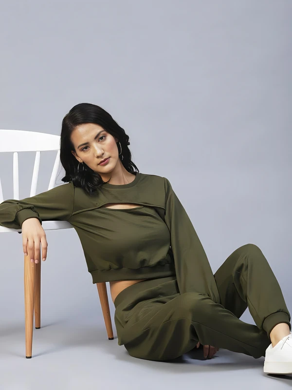 Cotton Solid Tracksuit - Olive, L, Free