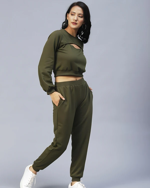 Cotton Solid Tracksuit - Olive, XL, Free