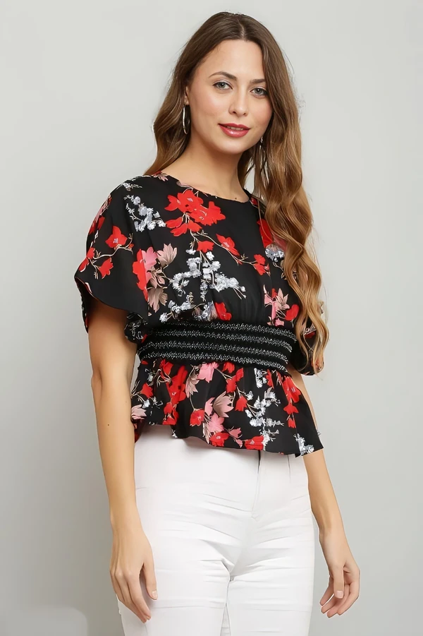 Cinched Lace Waist Printed Top - Black, S, Free