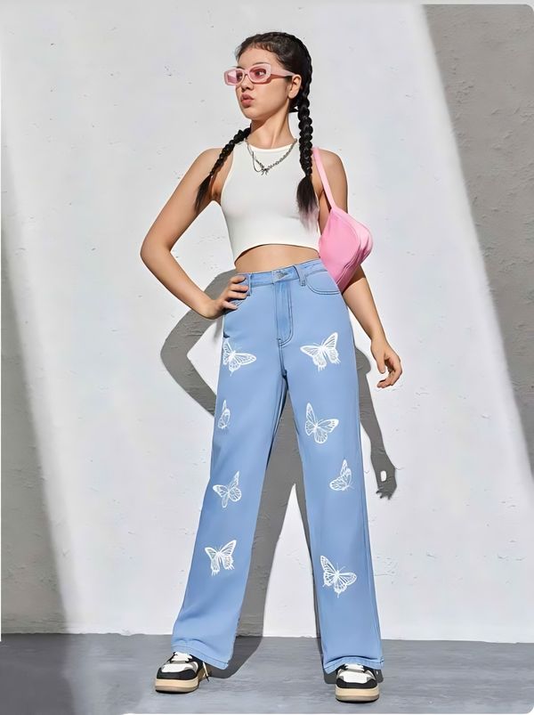 Butterfly Printed High Rise Jeans - Blue, 26, Free