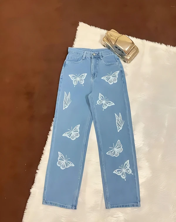 Butterfly Printed High Rise Jeans - Blue, 26, Free