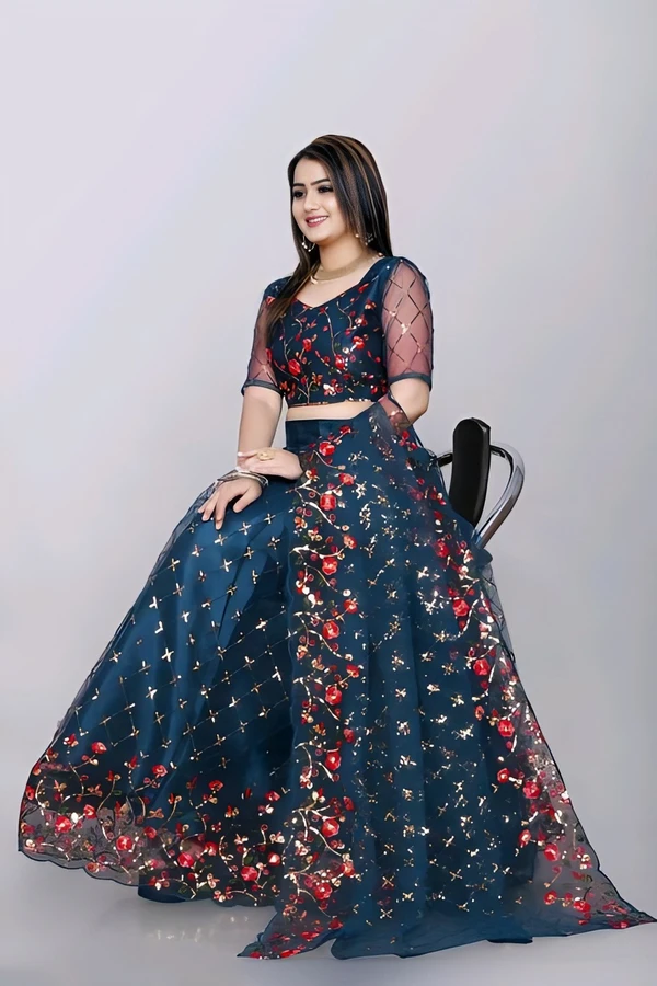 Heavy Worked Lehenga With Blouse - Nile Blue, Free Size, Free