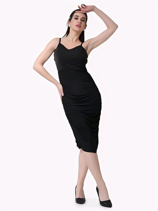 Black Solid Midi Dress - Black, L, Free