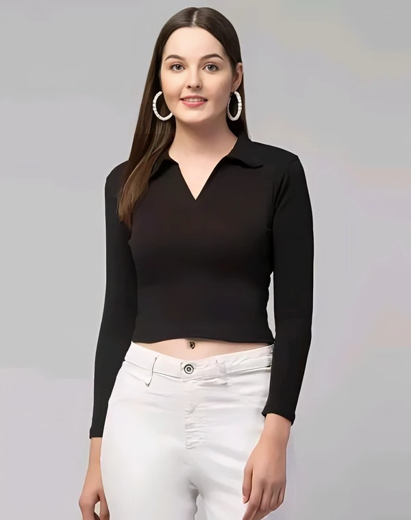 Solid Full Sleeves Top - Black, L, Free