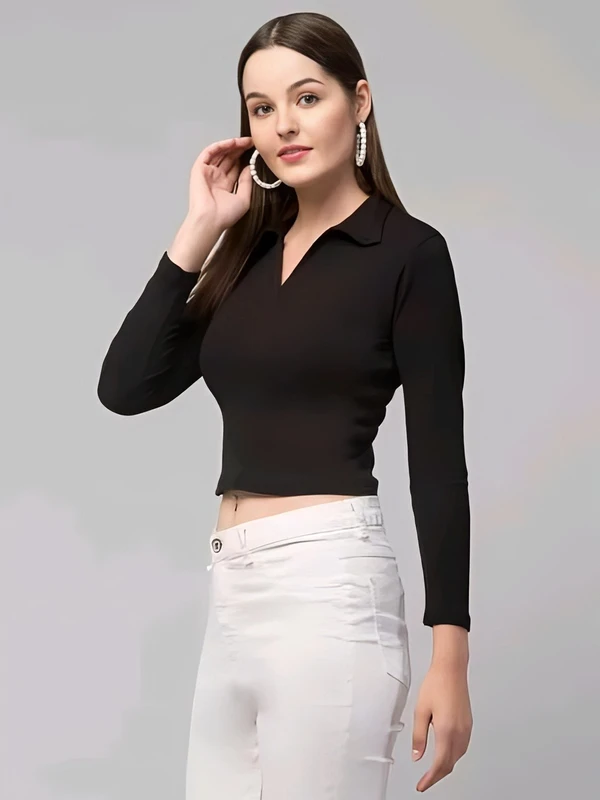 Solid Full Sleeves Top - Black, L, Free