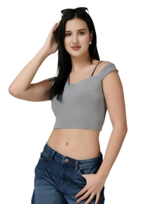 Casual Off-Shoulder Crop Top - Mountain Mist, M, Free