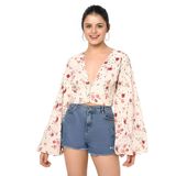 Stylish Floral Print Top - Albescent White, XS, Free