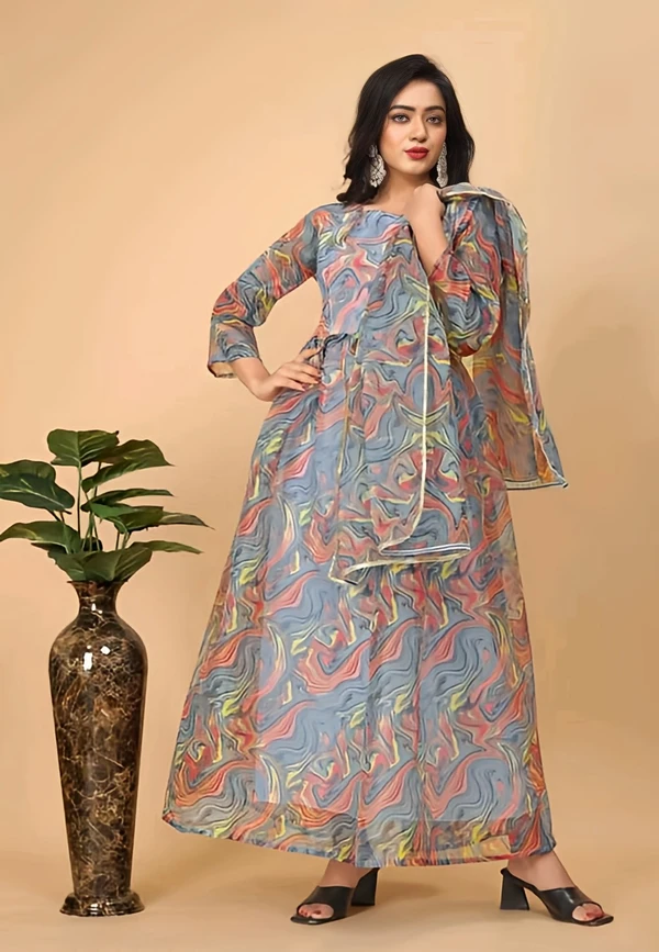 Full Length Dress With Dupatta - Multicolor, XL, Free