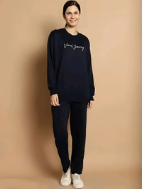 Round Neck Fleece Cord Set - Navy Blue, S, Free