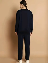 Round Neck Fleece Cord Set - Navy Blue, S, Free
