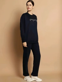 Round Neck Fleece Cord Set - Navy Blue, S, Free