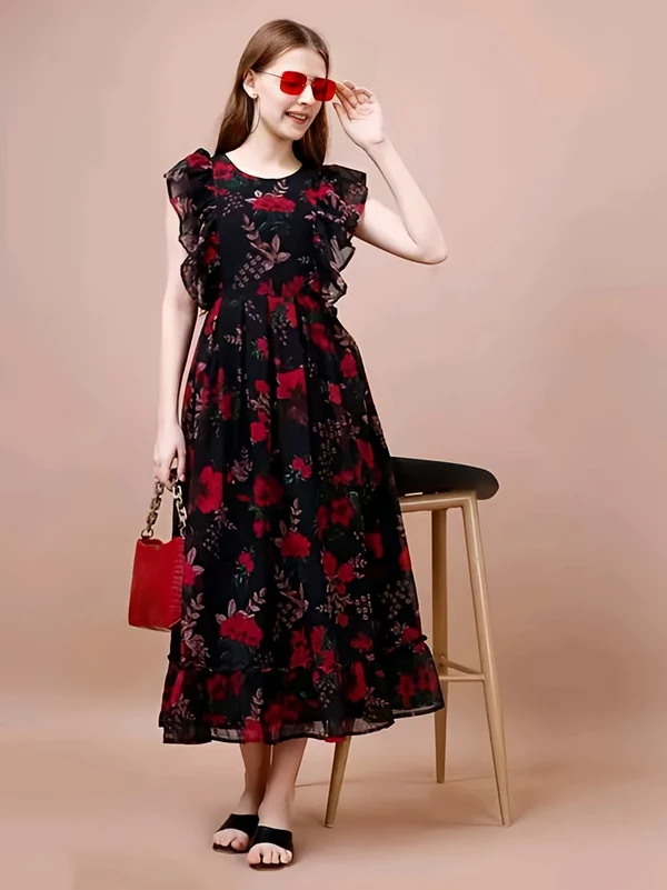 Floral Printed Dress - Black, XL, Free