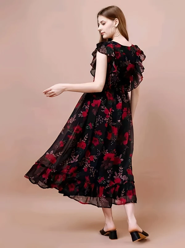 Floral Printed Dress - Black, XL, Free