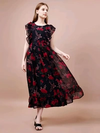Floral Printed Dress - Black, XXL, Free