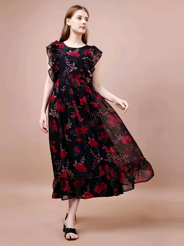 Floral Printed Dress - Black, L, Free