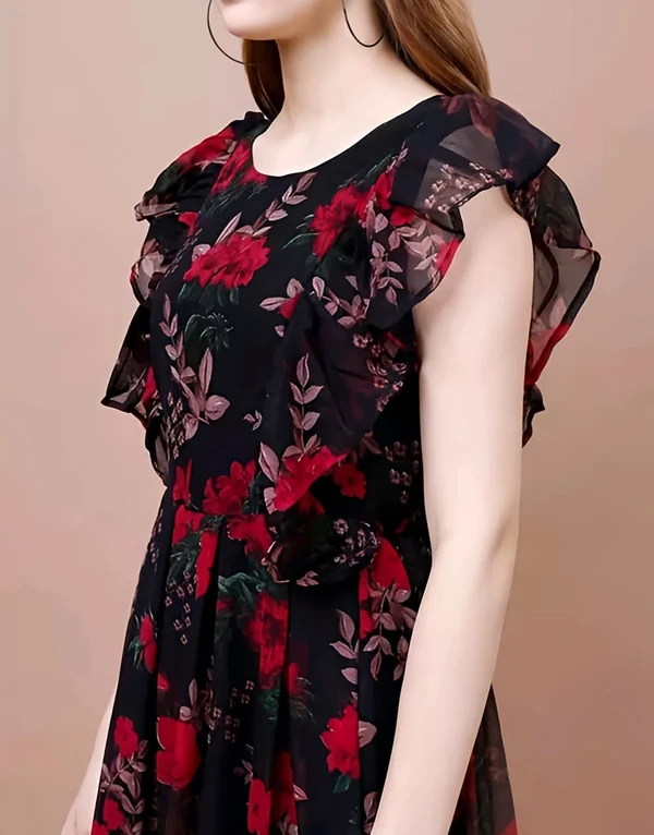 Floral Printed Dress - Black, M, Free