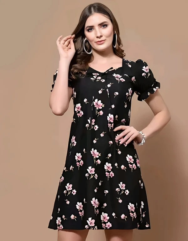 Floral Short Dress - Black, L, Free