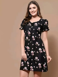 Floral Short Dress - Black, XL, Free