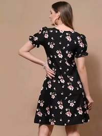 Floral Short Dress - Black, XL, Free