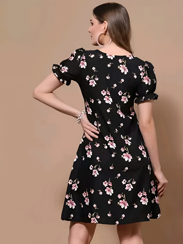 Floral Short Dress - Black, L, Free