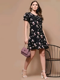 Floral Short Dress - Black, XL, Free