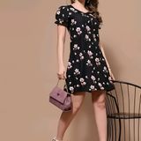 Floral Short Dress - Black, M, Free
