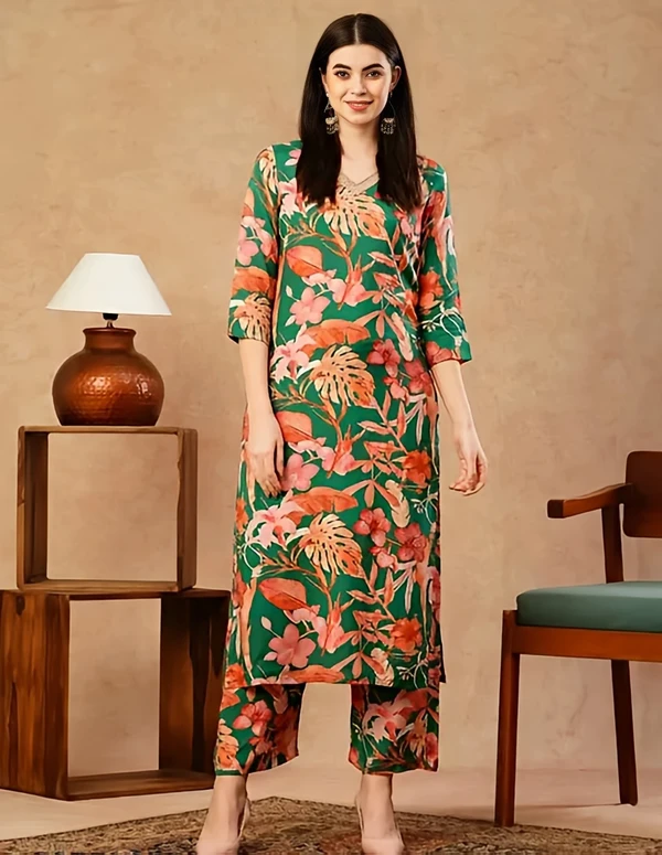 Cotton Blend Kurta With Palazzo - Eucalyptus, S, Free