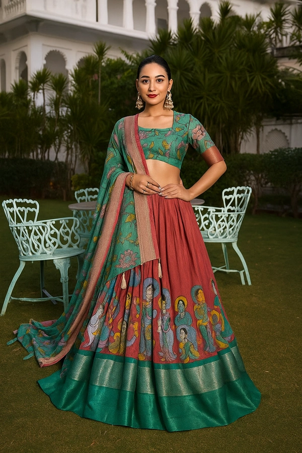 Red Kalamkari Dola Silk Lehenga Choli – Regal Elegance with Zari Charm - Multicolor, Semi Stitched, Free