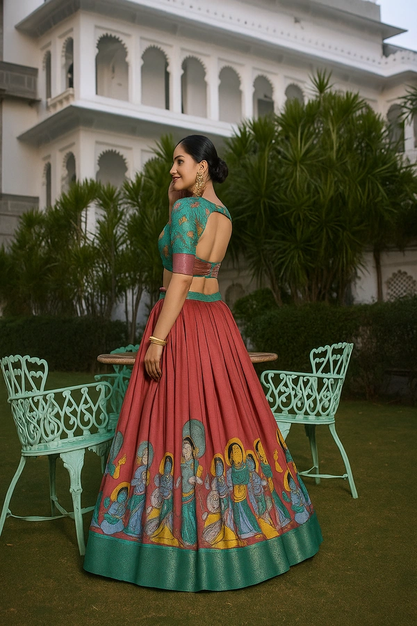 Red Kalamkari Dola Silk Lehenga Choli – Regal Elegance with Zari Charm - Multicolor, Semi Stitched, Free