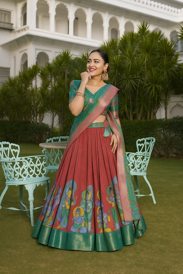 Red Kalamkari Dola Silk Lehenga Choli – Regal Elegance with Zari Charm - Multicolor, Semi Stitched, Free
