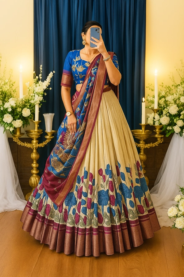Dolla Silk Lehenga Choli – Patola Print with Foil Work Elegance - Putty, Semi Stitched, Free