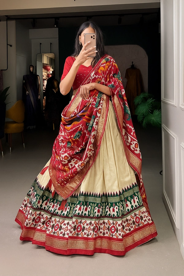 Manudi's Printed Patola Style Ready-To-Wear Lehenga – Effortless Elegance - Multicolor, Free Size, Free