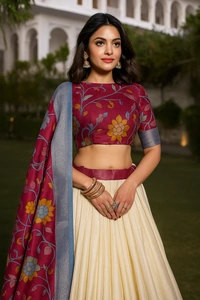 Cream Kalamkari Dola Silk Lehenga Choli – Grace in Every Thread - Grain Brown, Semi Stitched, Free