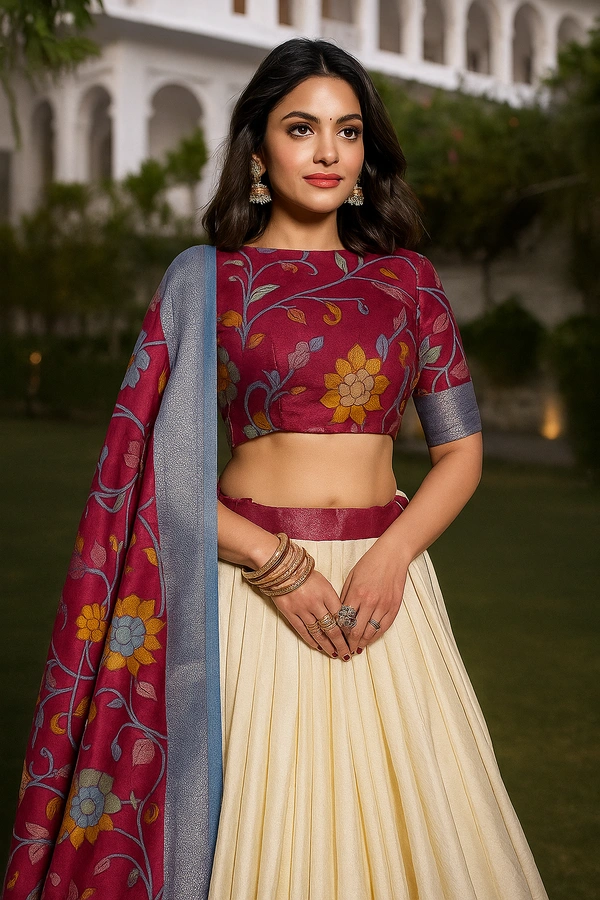 Cream Kalamkari Dola Silk Lehenga Choli – Grace in Every Thread - Grain Brown, Semi Stitched, Free