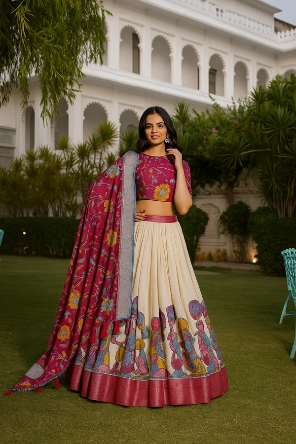 Cream Kalamkari Dola Silk Lehenga Choli – Grace in Every Thread - Grain Brown, Semi Stitched, Free