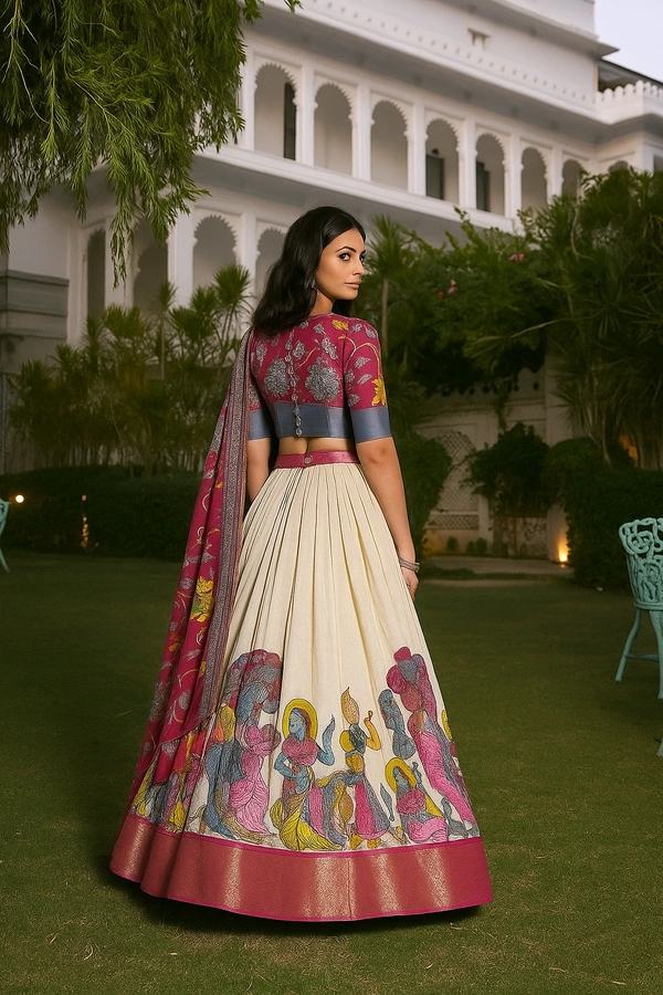 Cream Kalamkari Dola Silk Lehenga Choli – Grace in Every Thread - Grain Brown, Semi Stitched, Free