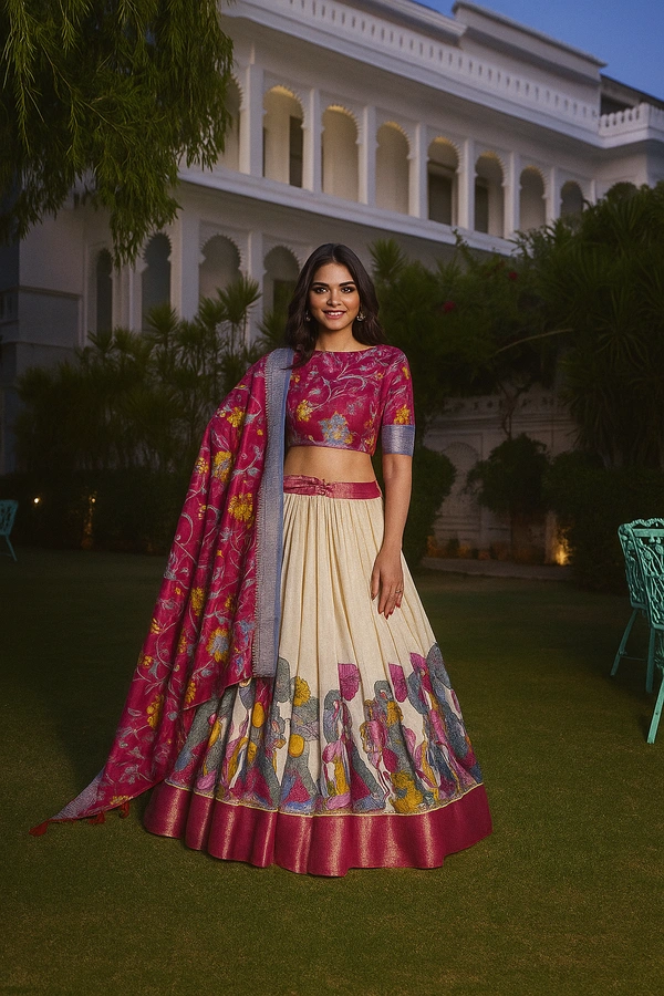 Cream Kalamkari Dola Silk Lehenga Choli – Grace in Every Thread - Grain Brown, Semi Stitched, Free