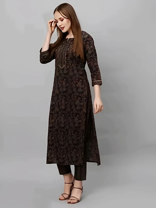 Cotton Kurta Set - Cocoa Brown, L, Free