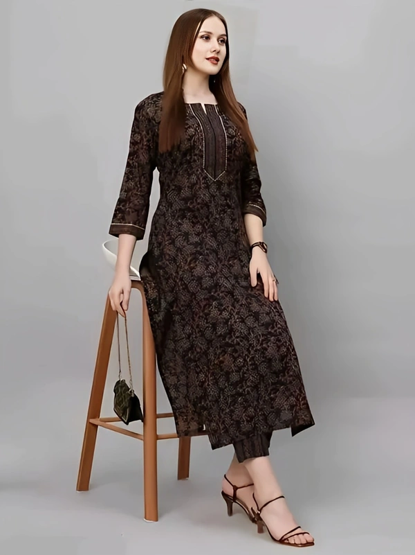 Cotton Kurta Set - Cocoa Brown, L, Free