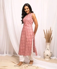Floral Printed Kurta - Melon, XL, Free